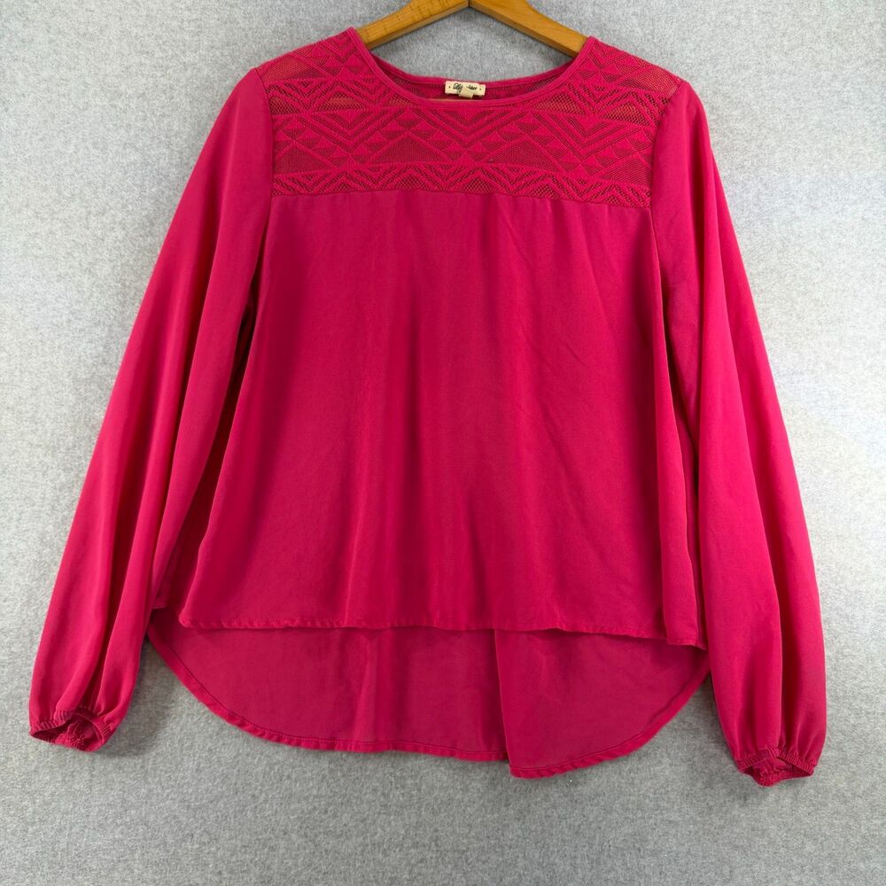 Lily Star Women’s XL Hot Pink Lace Yoke High Low Long Sleeve Blouse 3524